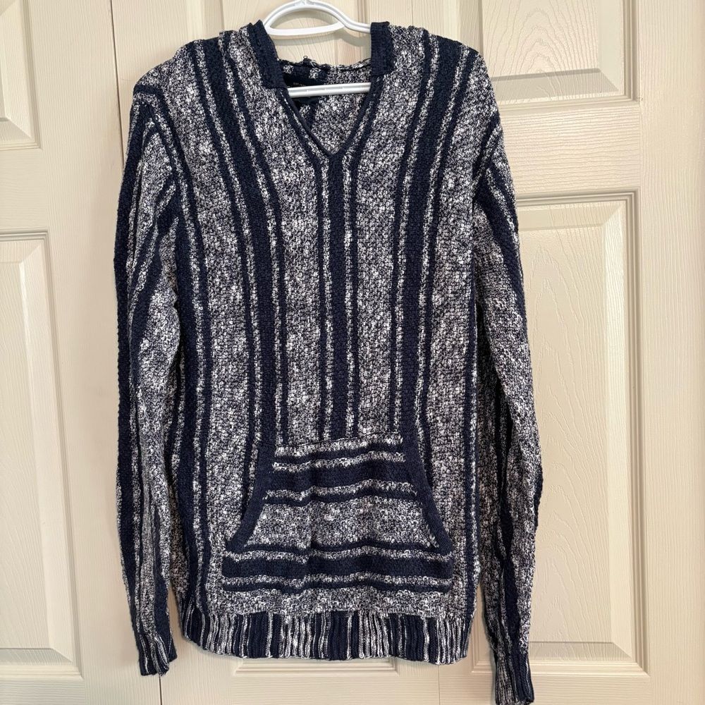 Lucky Brand Navy and White V-Neck Striped Sweater